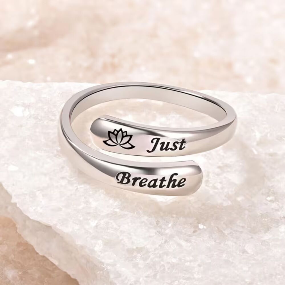 Just Breath Open Lotus Ring Silver Stainless Steel Adjstble Engraved Inspiration